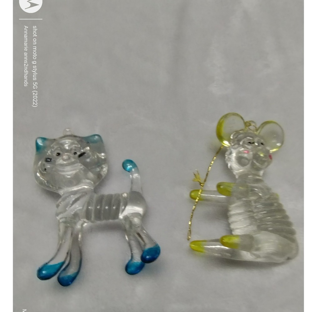 Vintage Lucite Cat Mouse Figurines Clear Acrylic Miniature Retro Decor